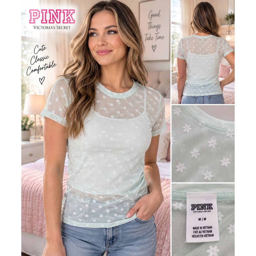 Victoria's Secret PINK Daisy Sheer Mesh Tee Medium Mint Floral NWT